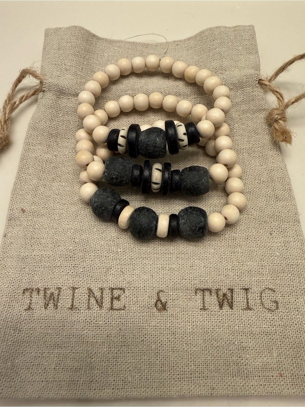 Twine & Twig Natural Wood and Black Beaded Trio Bracelet Set